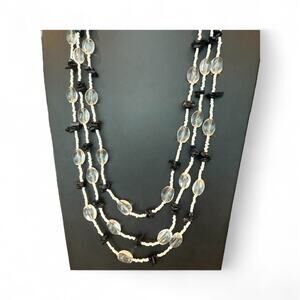 VTG Long Art Glass Seed Bead Necklace Mixed Shapes White Black Colorless Clear